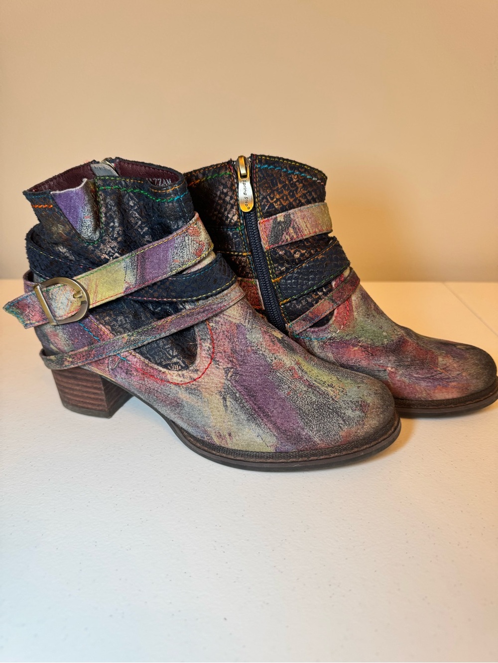 Spring Step Multicolor Textured Ankle Boots with Buckle